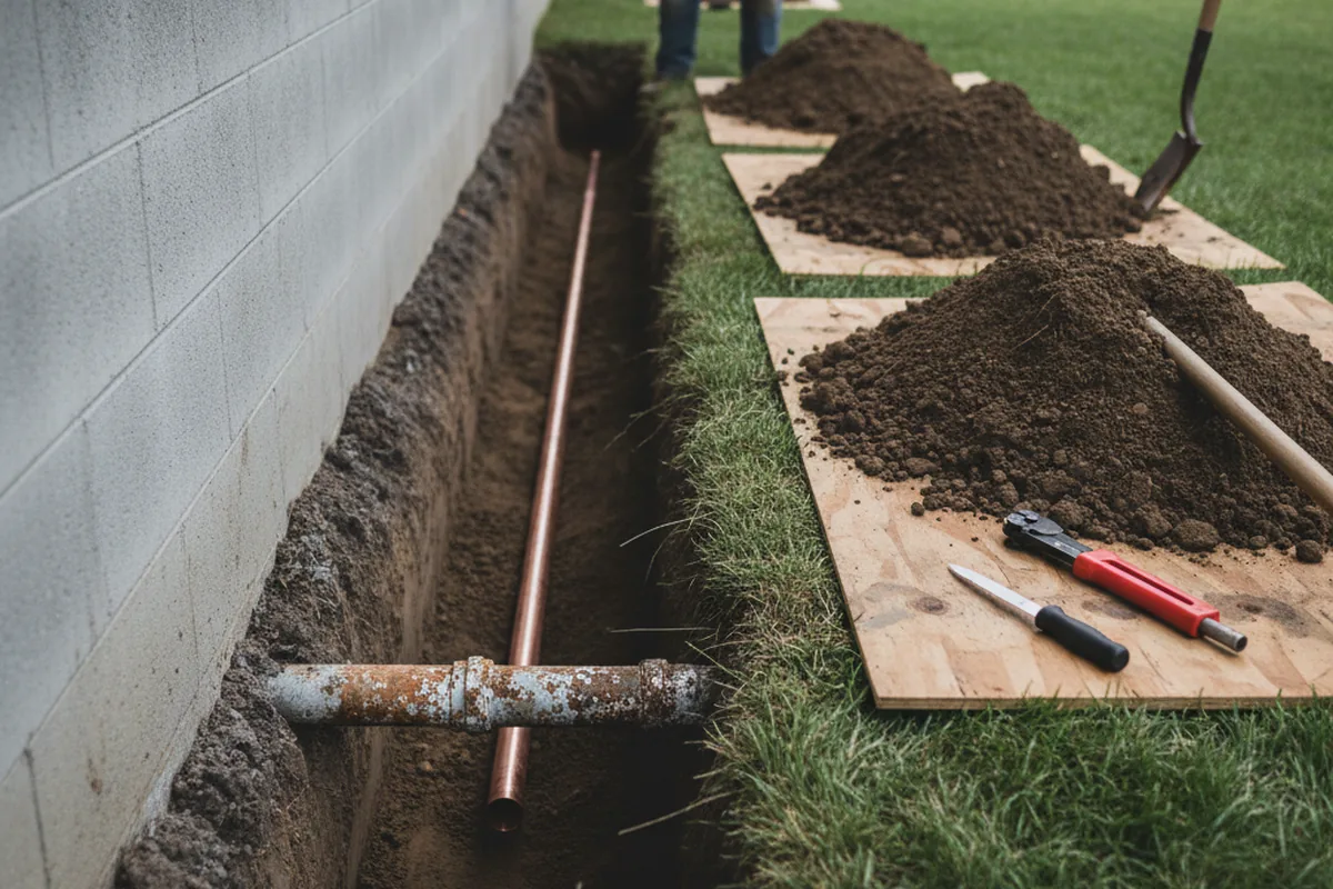 Excavated water line trench during Sewer Line Repair in Alburtis